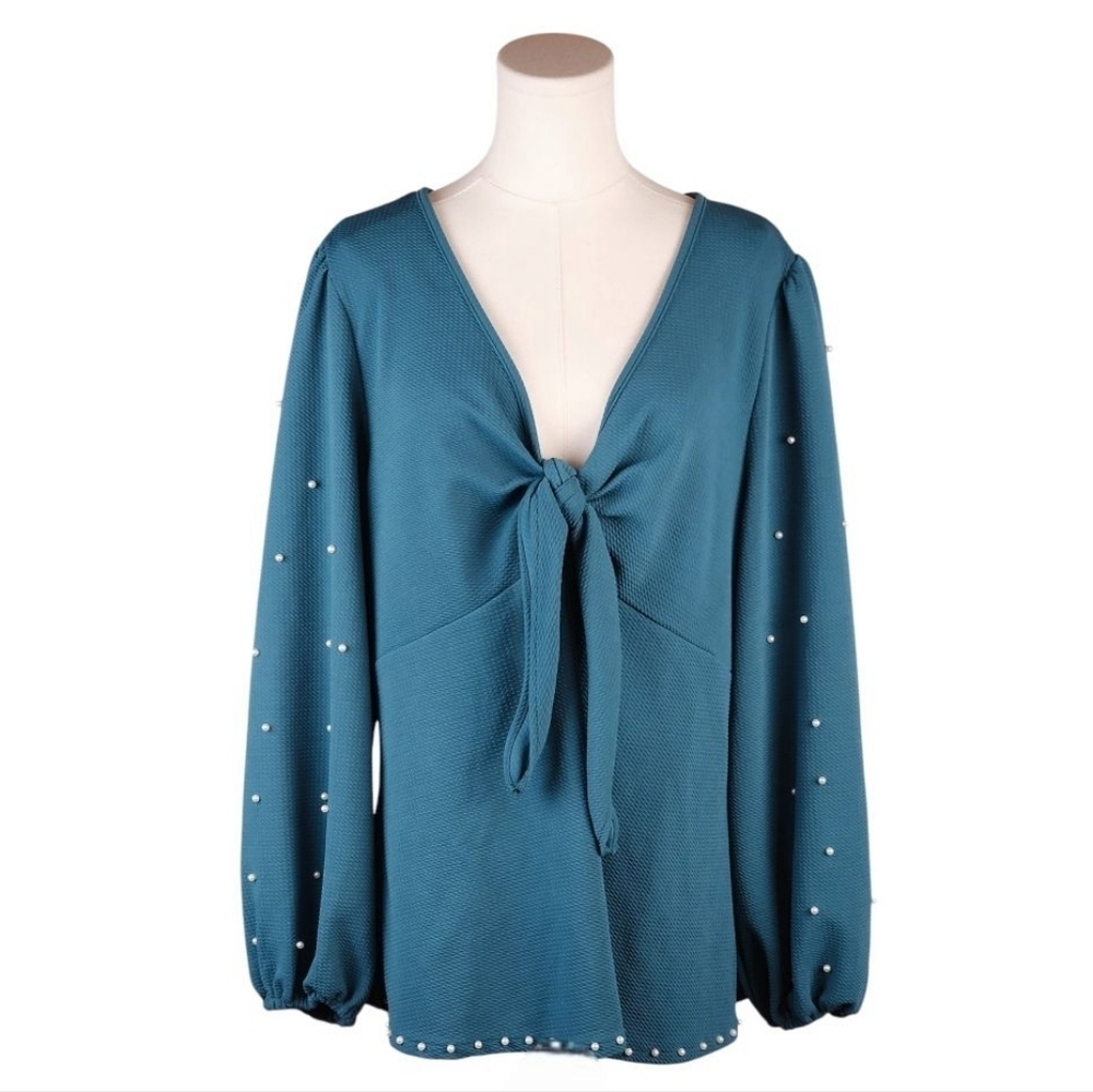 Shein Curve 2XL Pearl Embellished Tie Front Blouse Balloon Sleeve Teal Top